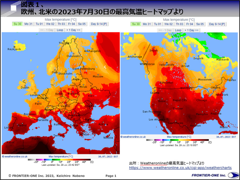 (図表1、欧州、北米の2023年7月30日の最高気温ヒートマップより)